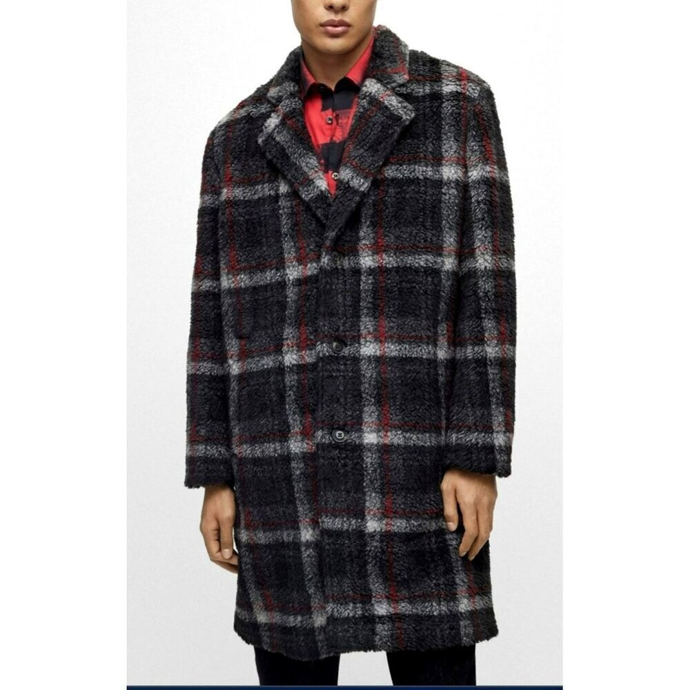 New Mens Hugo Boss Teddy Plaid Coat Wool-Blend Size Large